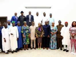 The Hon. Min., FMITI Dr. Jumoke Oduwole MFR, (6th right) the Hon. Min.of State (Industry) FMITI, Sen. John Owan Enoh, (5th left), the Perm. Sec. FMITI, Dr. Chris Osa Isokpunwu (5th right) , the Lagos State Commissioner for Commerce, Cooperatives, Trade, and Investment, Hon. Folashade Ambrose-Medebem (4th left), the Kaduna State Commissioner for Commerce and Industry, Hon. Patience Fakai, (4th right) Edo State Commissioner for Business, Trade and Investment, Hon. Omoh Anabor (3rd right), Sokoto State Commissioner for Commerce, Trade and Industry, Hon. Haruna Abbas Bashir, ( 3rd right), Cross River State Commissioner for Commerce, Hon. Dr. Abigail Duke Orok (1st right) and other State Commissioners of Commerce, Trade and Investment in a group photograph after their meeting in Abuja on Monday 29/6/26.
