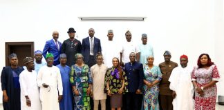 The Hon. Min., FMITI Dr. Jumoke Oduwole MFR, (6th right) the Hon. Min.of State (Industry) FMITI, Sen. John Owan Enoh, (5th left), the Perm. Sec. FMITI, Dr. Chris Osa Isokpunwu (5th right) , the Lagos State Commissioner for Commerce, Cooperatives, Trade, and Investment, Hon. Folashade Ambrose-Medebem (4th left), the Kaduna State Commissioner for Commerce and Industry, Hon. Patience Fakai, (4th right) Edo State Commissioner for Business, Trade and Investment, Hon. Omoh Anabor (3rd right), Sokoto State Commissioner for Commerce, Trade and Industry, Hon. Haruna Abbas Bashir, ( 3rd right), Cross River State Commissioner for Commerce, Hon. Dr. Abigail Duke Orok (1st right) and other State Commissioners of Commerce, Trade and Investment in a group photograph after their meeting in Abuja on Monday 29/6/26.