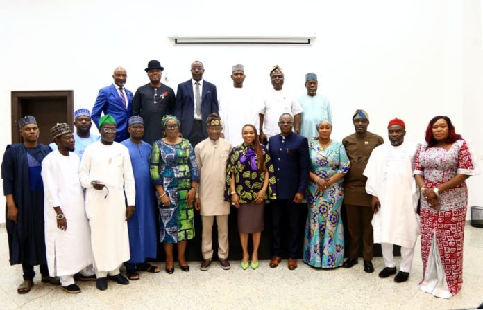 The Hon. Min., FMITI Dr. Jumoke Oduwole MFR, (6th right) the Hon. Min.of State (Industry) FMITI, Sen. John Owan Enoh, (5th left), the Perm. Sec. FMITI, Dr. Chris Osa Isokpunwu (5th right) , the Lagos State Commissioner for Commerce, Cooperatives, Trade, and Investment, Hon. Folashade Ambrose-Medebem (4th left), the Kaduna State Commissioner for Commerce and Industry, Hon. Patience Fakai, (4th right) Edo State Commissioner for Business, Trade and Investment, Hon. Omoh Anabor (3rd right), Sokoto State Commissioner for Commerce, Trade and Industry, Hon. Haruna Abbas Bashir, ( 3rd right), Cross River State Commissioner for Commerce, Hon. Dr. Abigail Duke Orok (1st right) and other State Commissioners of Commerce, Trade and Investment in a group photograph after their meeting in Abuja on Monday 29/6/26.