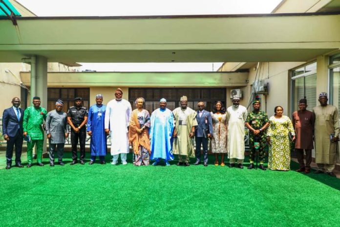 Secretary to the Government of the Federation, Sen. George Akume, CON, (m), flanked by the Hon. Minister of Arts, Culture and Tourism, Hannatu Musa Musawa, Permanent Secretary, General Services Office, Dr. Ibrahim Abubakar Kana, mni, and other top government functionaries during a group photograph on the occasion of the inauguration of Inter-Ministerial Committee on Nigeria's 27th Democracy Anniversary on Tuesday, 2nd June, 2026 in Abuja