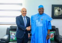 Secretary to the Government of the Federation, (SGF), Sen. George Akume CON (R) in a friendly handshake with Israeli Ambassador to Nigeria, Michael Freeman during the courtesy visit to the SGF on Tuesday, 2nd June, 2026 in Abuja.