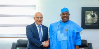Secretary to the Government of the Federation, (SGF), Sen. George Akume CON (R) in a friendly handshake with Israeli Ambassador to Nigeria, Michael Freeman during the courtesy visit to the SGF on Tuesday, 2nd June, 2026 in Abuja.