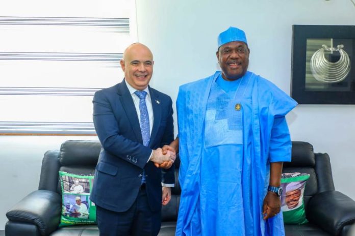 Michael Freeman during the courtesy visit Secretary to the Government of the Federation, (SGF), Sen. George Akume CON (R) in a friendly handshake with Israeli Ambassador to Nigeria, Michael Freeman during the courtesy visit to the SGF on Tuesday, 2nd June, 2026 in Abuja.