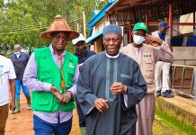 The Honourable Minister Idi Mukhtar Maiha with the Founder of Integrated dairy Ltd, AVM Ishaya Shekarri Rtd during the Facility tour of the Farm in Vom, Plateau State.