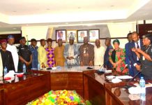 The Minister of State for Agriculture and Food Security and Supervising Minister of Cooperative Affairs, Sen Dr Aliyu Sabi Abdullahi (C) and other members of NSC during the inauguration.