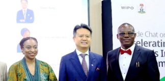 The Hon. Min. FMITI, Dr. Jumoke Oduwole MFR, (left) the Perm. Sec. FMITI,Dr. Chris Osa Isokpunwu (right) and DG WIPO, Mr Daren Tang , (middle) during a Roundtable Discussion on Accelerating Nigeria's Innovation Ecosystem, held at the Innovation Hub Airport Road Abuja, on Monday 1/6/26.