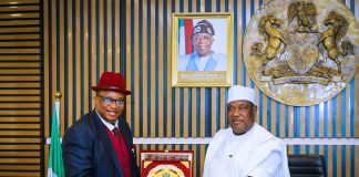 Secretary to the Government of the Federation, Sen. George Akume, CON, receiving Award of Commendation from the Ag. Chairman, Fiscal Responsibility Commission, Barr. Charles Chukwuemeka Abana, during the courtesy visit to the SGF on Tuesday, 30th June, 2026 in Abuja.