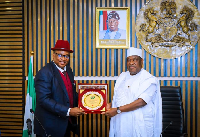 Secretary to the Government of the Federation, Sen. George Akume, CON, receiving Award of Commendation from the Ag. Chairman, Fiscal Responsibility Commission, Barr. Charles Chukwuemeka Abana, during the courtesy visit to the SGF on Tuesday, 30th June, 2026 in Abuja.