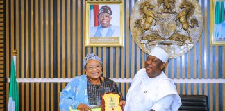 Secretary to the Government of the Federation, Sen. George Akume, CON, receiving Commendation Award from the National Chairman of the Nigerian Legion, Ms. Grace Morenike Henry, during her courtesy visit to SGF on Tuesday, 30th June, 2026 in Abuja.