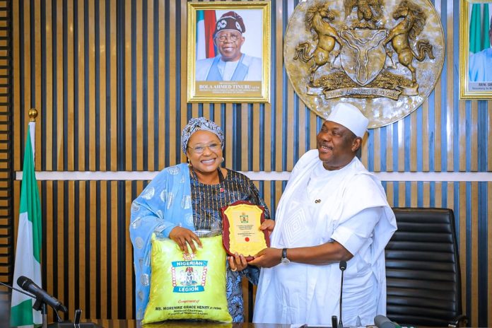 Secretary to the Government of the Federation, Sen. George Akume, CON, receiving Commendation Award from the National Chairman of the Nigerian Legion, Ms. Grace Morenike Henry, during her courtesy visit to SGF on Tuesday, 30th June, 2026 in Abuja.