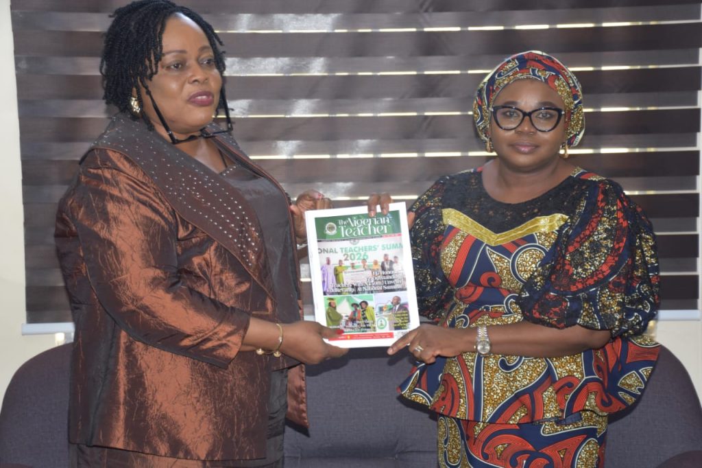 R – L, The Ag. National Coordinator/CEO of the SERVICOM Office, Mrs. Helen Lawal receiving copies of The Nigerian Teacher, a quarterly publication by TRCN, from the Registrar and Chief Executive, Dr. (Mrs.) Ronke Soyombo during the courtesy visit to the Headquarters of the council in Abuja on 30th June, 2026.