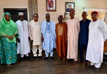 RMAFC Reaffirms Commitment To Fair Remuneration For All Categories Of Political And Public Office Holders 4th Left, RMAFC Chairman, Dr Mohammed Bello Shehu, OFR; 4th Right National Vice Chairman of Council of retired Permanent Secretaries, Elder Akin Arikawe; 2nd R: Hon. Ismalia Mohammed Agaka (FC Kwara State); 1st L: Hon. (Barr) Rakiya Tanko Ayuba- Haruna (FC Kebbi State); 1st R: Director of Allocation, Dr. U.K Umar, 3rd L: Executive Member of Retired Council, Mr. Jeff C.T Nwosu, 3rd R: Financial Secretary of Retired Council, Alhaji Sabiu Zakaria, 2nd R: Administrative Secretary, Mr Silas T. Ayuba, during the Courtesy visit of the Council to the Commission.