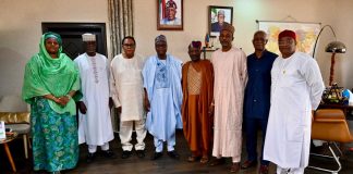 4th Left, RMAFC Chairman, Dr Mohammed Bello Shehu, OFR; 4th Right National Vice Chairman of Council of retired Permanent Secretaries, Elder Akin Arikawe; 2nd R: Hon. Ismalia Mohammed Agaka (FC Kwara State); 1st L: Hon. (Barr) Rakiya Tanko Ayuba- Haruna (FC Kebbi State); 1st R: Director of Allocation, Dr. U.K Umar, 3rd L: Executive Member of Retired Council, Mr. Jeff C.T Nwosu, 3rd R: Financial Secretary of Retired Council, Alhaji Sabiu Zakaria, 2nd R: Administrative Secretary, Mr Silas T. Ayuba, during the Courtesy visit of the Council to the Commission.