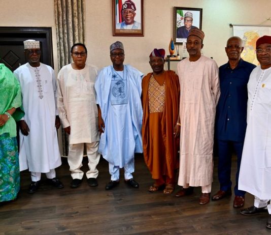 4th Left, RMAFC Chairman, Dr Mohammed Bello Shehu, OFR; 4th Right National Vice Chairman of Council of retired Permanent Secretaries, Elder Akin Arikawe; 2nd R: Hon. Ismalia Mohammed Agaka (FC Kwara State); 1st L: Hon. (Barr) Rakiya Tanko Ayuba- Haruna (FC Kebbi State); 1st R: Director of Allocation, Dr. U.K Umar, 3rd L: Executive Member of Retired Council, Mr. Jeff C.T Nwosu, 3rd R: Financial Secretary of Retired Council, Alhaji Sabiu Zakaria, 2nd R: Administrative Secretary, Mr Silas T. Ayuba, during the Courtesy visit of the Council to the Commission.