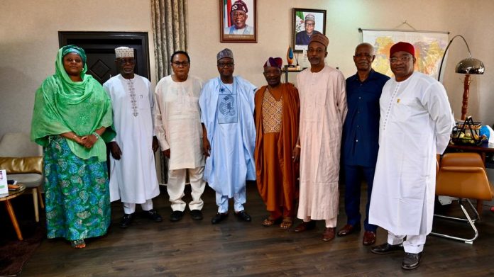 IMG-20260701-WA0094 4th Left, RMAFC Chairman, Dr Mohammed Bello Shehu, OFR; 4th Right National Vice Chairman of Council of retired Permanent Secretaries, Elder Akin Arikawe; 2nd R: Hon. Ismalia Mohammed Agaka (FC Kwara State); 1st L: Hon. (Barr) Rakiya Tanko Ayuba- Haruna (FC Kebbi State); 1st R: Director of Allocation, Dr. U.K Umar, 3rd L: Executive Member of Retired Council, Mr. Jeff C.T Nwosu, 3rd R: Financial Secretary of Retired Council, Alhaji Sabiu Zakaria, 2nd R: Administrative Secretary, Mr Silas T. Ayuba, during the Courtesy visit of the Council to the Commission.