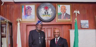Hon. Minister of Innovation, Science and Technology, FMIST, Dr. Kingsley Tochukwu Udeh, SAN, (right) in a handshake with the Director-General, National Institute for Policy and Strategic Studies (NIPSS) Kuru Prof. Ayo Omotayo (left) during the visit.