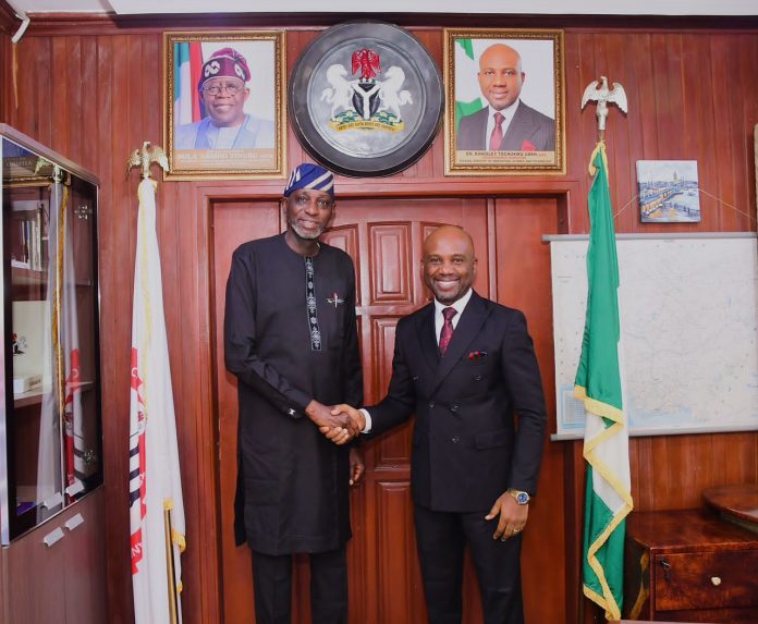 Hon. Minister of Innovation, Science and Technology, FMIST, Dr. Kingsley Tochukwu Udeh, SAN, (right) in a handshake with the Director-General, National Institute for Policy and Strategic Studies (NIPSS) Kuru Prof. Ayo Omotayo (left) during the visit.