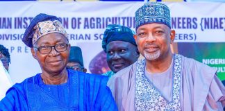 The Minister of Agriculture and Food Security, Sen Abubakar Kyari and Prof Gabriel Makanjuola during the Lecture/ award ceremony in OAU, Ile-Ife in Osun State.