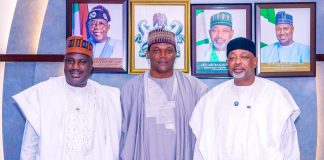 The Minister of Agriculture and Food Security, Sen Abubakar Kyari, Minister of State for Agriculture and Food Security, Sen.Dr Aliyu Sabi Abdullahi and Chairman, Board of Bank of Agriculture, Alhaji Muhammad Babangida, during the inauguration ceremony.