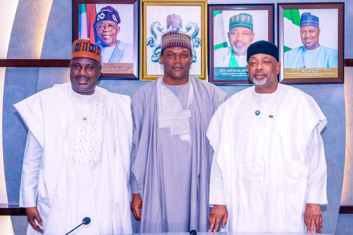 IMG-20260703-WA0110 The Minister of Agriculture and Food Security, Sen Abubakar Kyari, Minister of State for Agriculture and Food Security, Sen.Dr Aliyu Sabi Abdullahi and Chairman, Board of Bank of Agriculture, Alhaji Muhammad Babangida, during the inauguration ceremony.