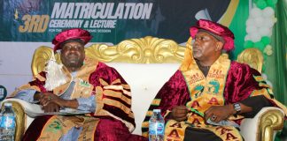 L-R: Permanent Secretary, Federal Ministry of Aviation and Aerospace Development; Mahmud Adam Kambari, FCNA, FICA and Pro-Chancellor/ Chairman Governing Council, African Aviation and Aerospace University, Alhaji Bukar Goni Aji NPMA, OON during the 3rd Matriculation ceremony and Lecture for 2025/2026 Academic Year held at Festus Keyamo Building, AAAU Permanent Site, Bill Cliton Drive, Airport Road, Abuja.