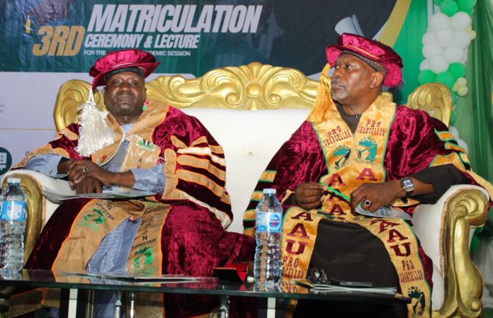 L-R: Permanent Secretary, Federal Ministry of Aviation and Aerospace Development; Mahmud Adam Kambari, FCNA, FICA and Pro-Chancellor/ Chairman Governing Council, African Aviation and Aerospace University, Alhaji Bukar Goni Aji NPMA, OON during the 3rd Matriculation ceremony and Lecture for 2025/2026 Academic Year held at Festus Keyamo Building, AAAU Permanent Site, Bill Cliton Drive, Airport Road, Abuja.