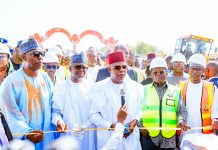(L-R) Borno State Governor, Engr Babagana Zulum; President, Dangote Group, Alhaji Aliko Dangote; Vice President Kashim Shettima; Minister of Works, Engr Dave Umahi and Minister of State for Works, Alh Bello Goronyo during the flag-off the rehabilitation of the Bama-Banki Road and Dikwa-Gamboru-Ngala Road in Muna, Borno State on Saturday, 04-07-2026