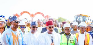 (L-R) Borno State Governor, Engr Babagana Zulum; President, Dangote Group, Alhaji Aliko Dangote; Vice President Kashim Shettima; Minister of Works, Engr Dave Umahi and Minister of State for Works, Alh Bello Goronyo during the flag-off the rehabilitation of the Bama-Banki Road and Dikwa-Gamboru-Ngala Road in Muna, Borno State on Saturday, 04-07-2026