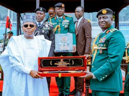 Vice President Kashim Shettima receives a memorabilia from the Chief of Army Staff, Lt Gen Waidi Shaibu, during the 2026 Nigerian Army Day Celebration at the Yakubu Gowon Stadium, Port-Harcourt, Rivers State, on Monday 06-07-2026.