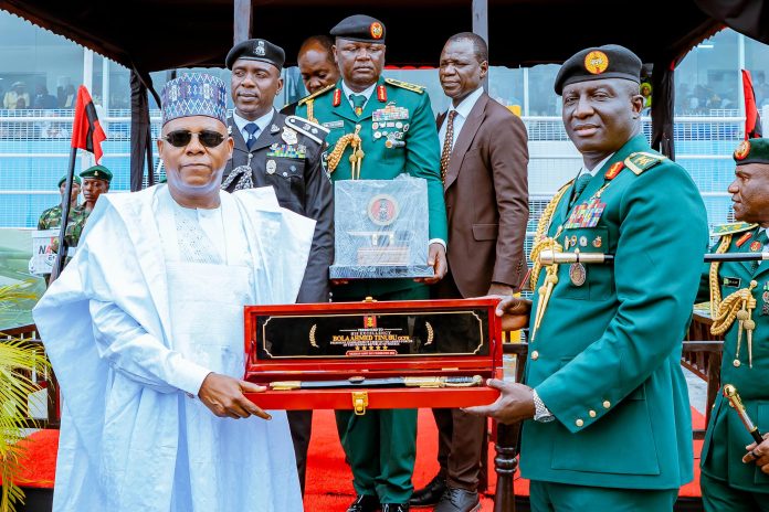 IMG-20260707-WA0011 Vice President Kashim Shettima receives a memorabilia from the Chief of Army Staff, Lt Gen Waidi Shaibu, during the 2026 Nigerian Army Day Celebration at the Yakubu Gowon Stadium, Port-Harcourt, Rivers State, on Monday 06-07-2026.