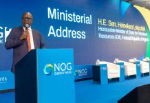 Senator Heineken Lokpobiri, Honourable Minister of State for Petroleum Resources (Oil), delivering his Ministerial address at the Nigeria Oil and Gas (NOG) Conference and Exhibition.