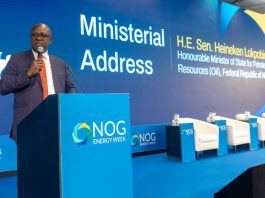 Senator Heineken Lokpobiri, Honourable Minister of State for Petroleum Resources (Oil), delivering his Ministerial address at the Nigeria Oil and Gas (NOG) Conference and Exhibition.