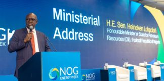 Senator Heineken Lokpobiri, Honourable Minister of State for Petroleum Resources (Oil), delivering his Ministerial address at the Nigeria Oil and Gas (NOG) Conference and Exhibition.