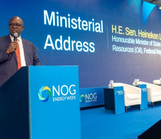 Senator Heineken Lokpobiri, Honourable Minister of State for Petroleum Resources (Oil), delivering his Ministerial address at the Nigeria Oil and Gas (NOG) Conference and Exhibition.