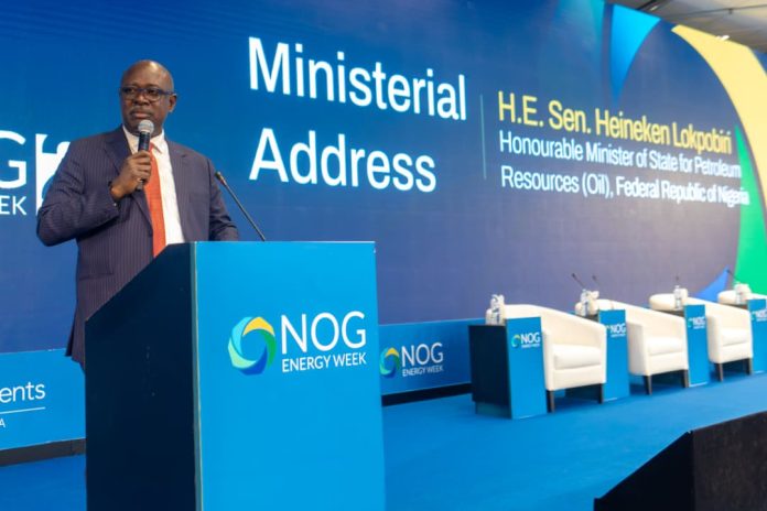 IMG-20260708-WA0096 Senator Heineken Lokpobiri, Honourable Minister of State for Petroleum Resources (Oil), delivering his Ministerial address at the Nigeria Oil and Gas (NOG) Conference and Exhibition.
