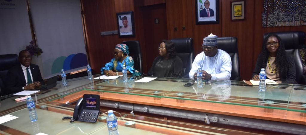 L-R The Managing Director and Chief Executive of the Nigeria Deposit Insurance Corporation (NDIC), Mr. Thompson Oludare Sunday, the Ag. National Coordinator/CEO of the SERVICOM Office, Mrs. Helen Lawal, the Head of SERVICOM Operations, Mrs. Ngozi Akinbodewa, SERVICOM Public Awareness Manager, Mr. Aderemi Adelabu and Team D Lead Mrs. Lucy Zach-Ukoh during the courtesy visit to the Head Office of the NDIC on 7th July, 2026.