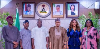 (R–L) Director of Operations, National Identity Management Commission (NIMC), Mr. Uche Chigbo; Director-General/Chief Executive Officer, National Identity Management Commission (NIMC), Engr. Abisoye Coker-Odusote; Honourable Minister of Information and National Orientation, Mohammed Idris, fnipr; Director-General, National Orientation Agency (NOA), Mallam Lanre Issa-Onilu; Acting Permanent Secretary, Federal Ministry of Information and National Orientation, and Director, Production, Publication and Documentation Department (PPDD), Mr. Ibidapo Okunnu; and Director, Public Relations and Protocol Department (PRPD), Dr. Suleiman Haruna, during a courtesy visit by the Director-General of the National Identity Management Commission (NIMC) to the Honourable Minister on July 8, 2026, in Abuja. Photo: Khalid Ahmed/FMINO.