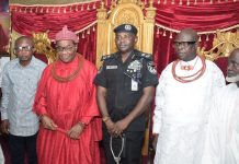 Delta CP Continues His Strategic Tour CP Yemi Oyeniyi psc acipm mnips In A Group Photograph With The Oghara Monarch Noble Oyibo Eshemitan JP, FCA Orefe 111, The Ovie Of Oghara During The Visit