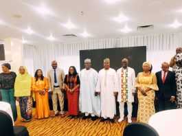 PHOTOGRAPH: (Center) Brigadier-General Muhammad Buba Marwa (Rtd) Chairman NDLEA, flanked by his right, Representative of SGF, Perm. Sec. GSO, Dr. Abubakar Ibrahim Kana, 2nd is Representative of the Coordinating Minister of Health and Social Welfare, Director FDS, Dr. Olufowubi-Yusuf Adeola; 1st by his left is Representative of UNODC Country Representative, Dr. Akan Ibanga, 2nd is Director Nicotics Division FMOHSW, Pharmacist Henrietta Bakura-Onyeneke and other important personalities at the Maiden National Drug Use Summit in Abuja.