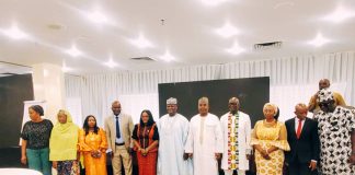 PHOTOGRAPH: (Center) Brigadier-General Muhammad Buba Marwa (Rtd) Chairman NDLEA, flanked by his right, Representative of SGF, Perm. Sec. GSO, Dr. Abubakar Ibrahim Kana, 2nd is Representative of the Coordinating Minister of Health and Social Welfare, Director FDS, Dr. Olufowubi-Yusuf Adeola; 1st by his left is Representative of UNODC Country Representative, Dr. Akan Ibanga, 2nd is Director Nicotics Division FMOHSW, Pharmacist Henrietta Bakura-Onyeneke and other important personalities at the Maiden National Drug Use Summit in Abuja.