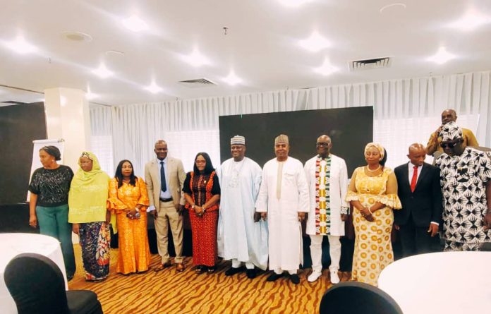 PHOTOGRAPH: (Center) Brigadier-General Muhammad Buba Marwa (Rtd) Chairman NDLEA, flanked by his right, Representative of SGF, Perm. Sec. GSO, Dr. Abubakar Ibrahim Kana, 2nd is Representative of the Coordinating Minister of Health and Social Welfare, Director FDS, Dr. Olufowubi-Yusuf Adeola; 1st by his left is Representative of UNODC Country Representative, Dr. Akan Ibanga, 2nd is Director Nicotics Division FMOHSW, Pharmacist Henrietta Bakura-Onyeneke and other important personalities at the Maiden National Drug Use Summit in Abuja.