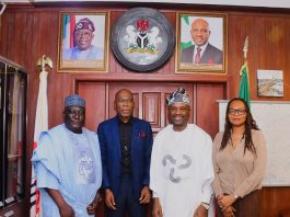 Hon. Minister of Innovation, Science and Technology, FMIST, Dr. Kingsley Tochukwu Udeh, SAN, (2nd right) Chairman, Zinox Group Mr. Leo Stan Ekeh (2nd left) Acting Permanent Secretary FMIST/Director, Environmental Sciences Technology (EST) FMIST, Mr. Abubakar Takuma (left) and others during the visit.