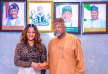 The Minister of Agriculture and Food Security, Sen Abubakar Kyari and Director General, NIMC, Engr Abisoye Coker Odusote during the courtesy visit.
