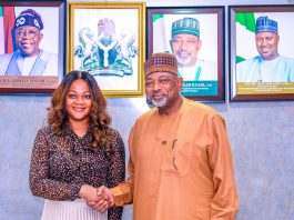 The Minister of Agriculture and Food Security, Sen Abubakar Kyari and Director General, NIMC, Engr Abisoye Coker Odusote during the courtesy visit.
