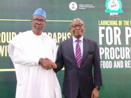 Right: DG/CEO, BPP, Dr. Adebowale A. Adedokun, and Minister of State for Health and Social Welfare, Dr. Iziaq Adekunle Salako, during the Launch of the National Guidelines for Public Procurement of and related services at NAF Conference Centre and Suites, Abuja