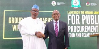 Right: DG/CEO, BPP, Dr. Adebowale A. Adedokun, and Minister of State for Health and Social Welfare, Dr. Iziaq Adekunle Salako, during the Launch of the National Guidelines for Public Procurement of and related services at NAF Conference Centre and Suites, Abuja