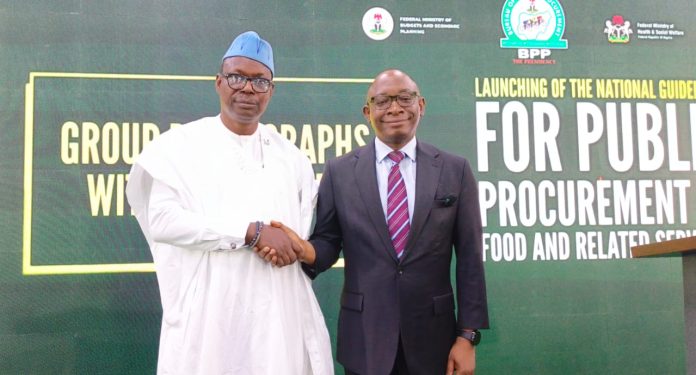 Right: DG/CEO, BPP, Dr. Adebowale A. Adedokun, and Minister of State for Health and Social Welfare, Dr. Iziaq Adekunle Salako, during the Launch of the National Guidelines for Public Procurement of and related services at NAF Conference Centre and Suites, Abuja