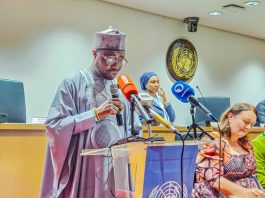 The Honourable Minister of Humanitarian Affairs and Poverty Reduction. Dr. Bernard M Doro while delivering his speech during the meeting at the UN house today 14-07-2026.