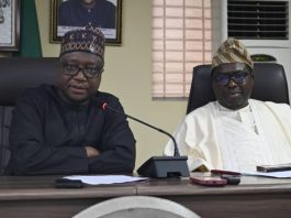 The RMAFC Chairman, Dr Mohammed Bello Shehu OFR addressing the INEC Chairman during the visit
