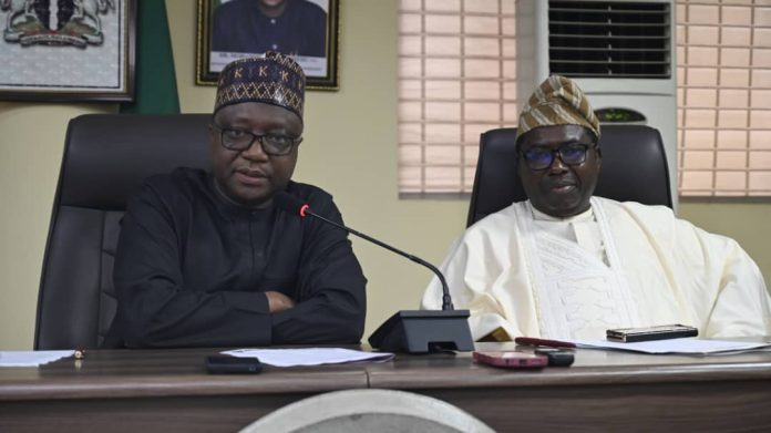 The RMAFC Chairman, Dr Mohammed Bello Shehu OFR addressing the INEC Chairman during the visit